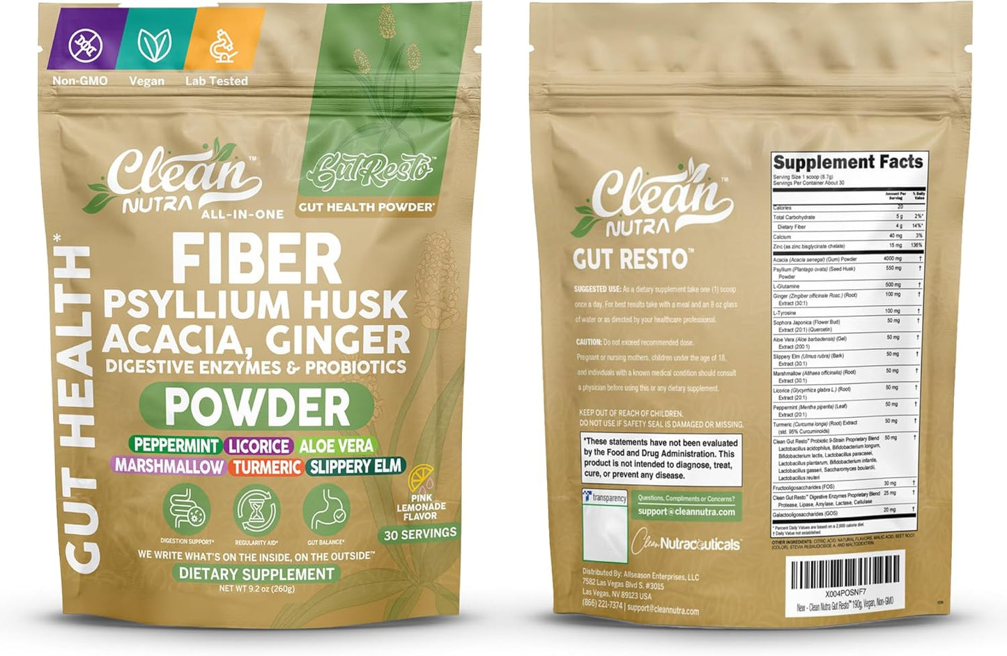 Clean Nutra Fiber Powder Supplement Psyllium Husk Acacia Ginger Digestive Enzymes Probiotic Peppermint Licorice Aloe Vera Marshmallow Root Turmeric Supplement Slippery Elm Gut Health Prebiotics