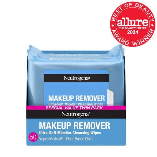 Makeup Remover Wipes Micellar Alcohol-Free Face Towelettes Remove Waterproof Mascara & Oil, Compostable 100% Plant-Based Cloth, Dermatologist & Ophthalmologist Tested, Twin Pack 2 X 25 Ct