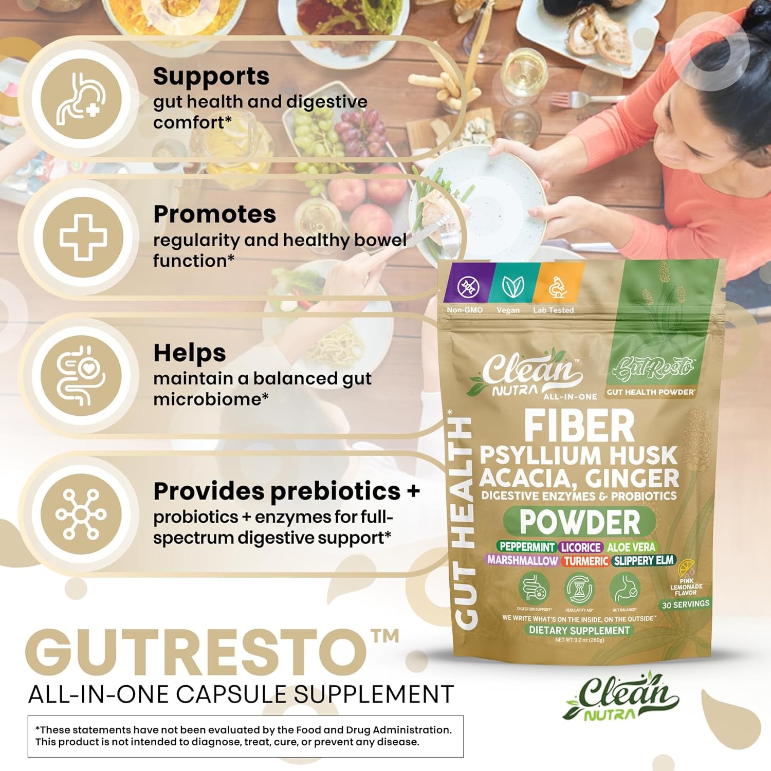 Clean Nutra Fiber Powder Supplement Psyllium Husk Acacia Ginger Digestive Enzymes Probiotic Peppermint Licorice Aloe Vera Marshmallow Root Turmeric Supplement Slippery Elm Gut Health Prebiotics