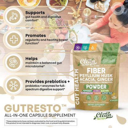 Clean Nutra Fiber Powder Supplement Psyllium Husk Acacia Ginger Digestive Enzymes Probiotic Peppermint Licorice Aloe Vera Marshmallow Root Turmeric Supplement Slippery Elm Gut Health Prebiotics