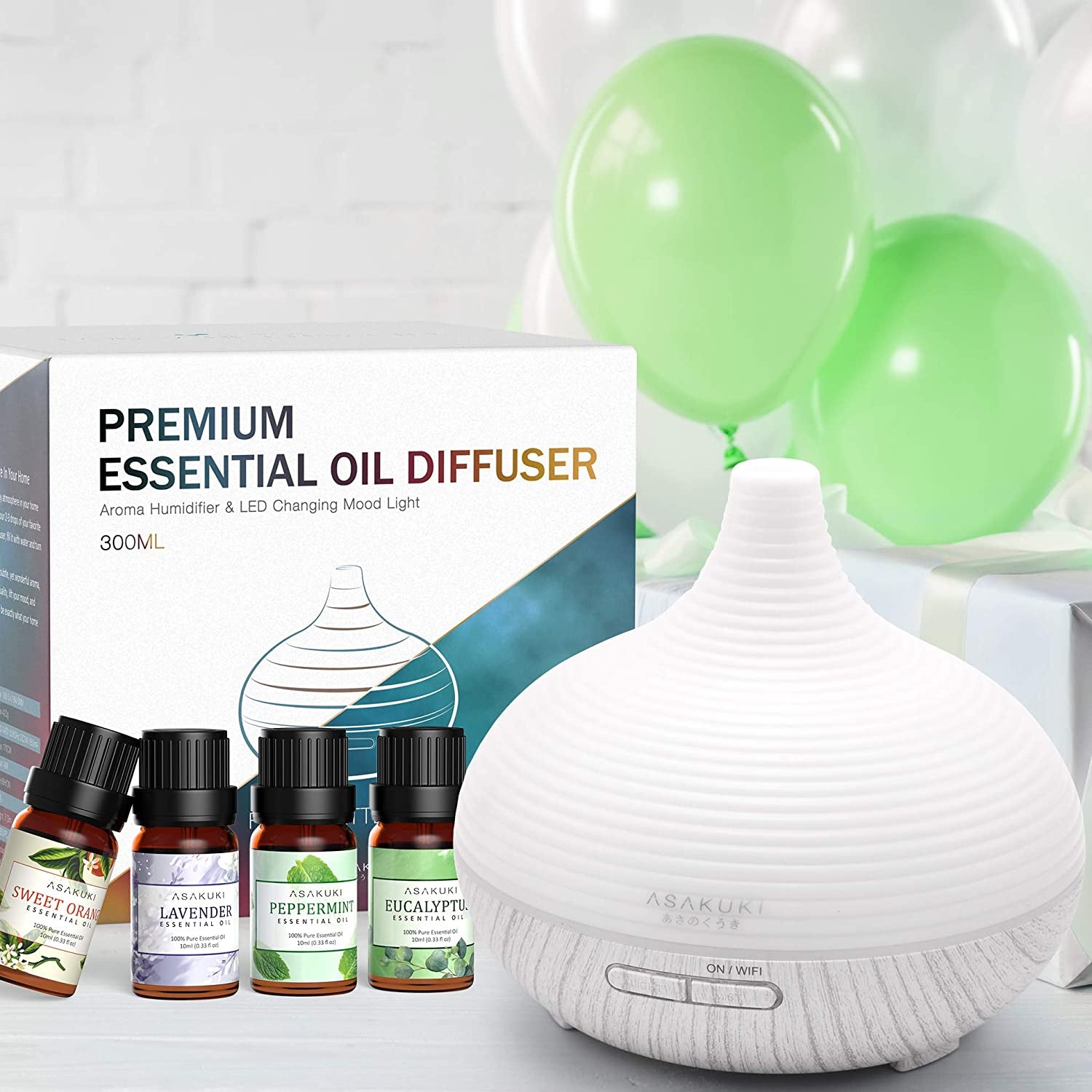 Smart Wifi Essential Oil Diffuser with 4 Essential Oils Set, 2021 Upgrated 300Ml Diffuser with 7 LED Lights