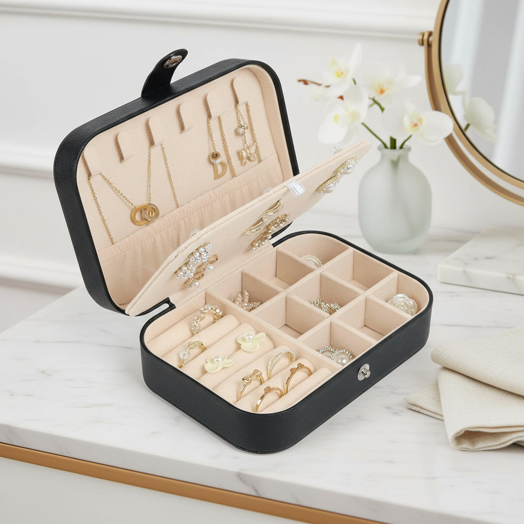 Travel Jewelry Box, Small Jewelry Organizer Boxes for Women Girls, 2 Layer Travel Jewlery Case, PU Leather Mini Portable Jewerly Storage Display Holder for Earrings, Ring, Necklaces, Bracelets Black 1