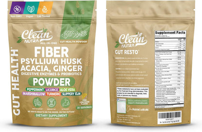 Clean Nutra Fiber Powder Supplement Psyllium Husk Acacia Ginger Digestive Enzymes Probiotic Peppermint Licorice Aloe Vera Marshmallow Root Turmeric Supplement Slippery Elm Gut Health Prebiotics
