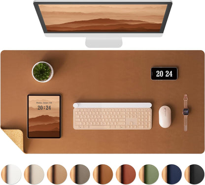 Aothia Dual-Sided Desk Pad - Leather Desk Mat, Natural Cork Desk Pad Protector, Large Mouse Pad for Desk, Waterproof Desk Blotter Pad, Desk Writing Pad for Office Work/Home, Apricot(25.6"X13.7")