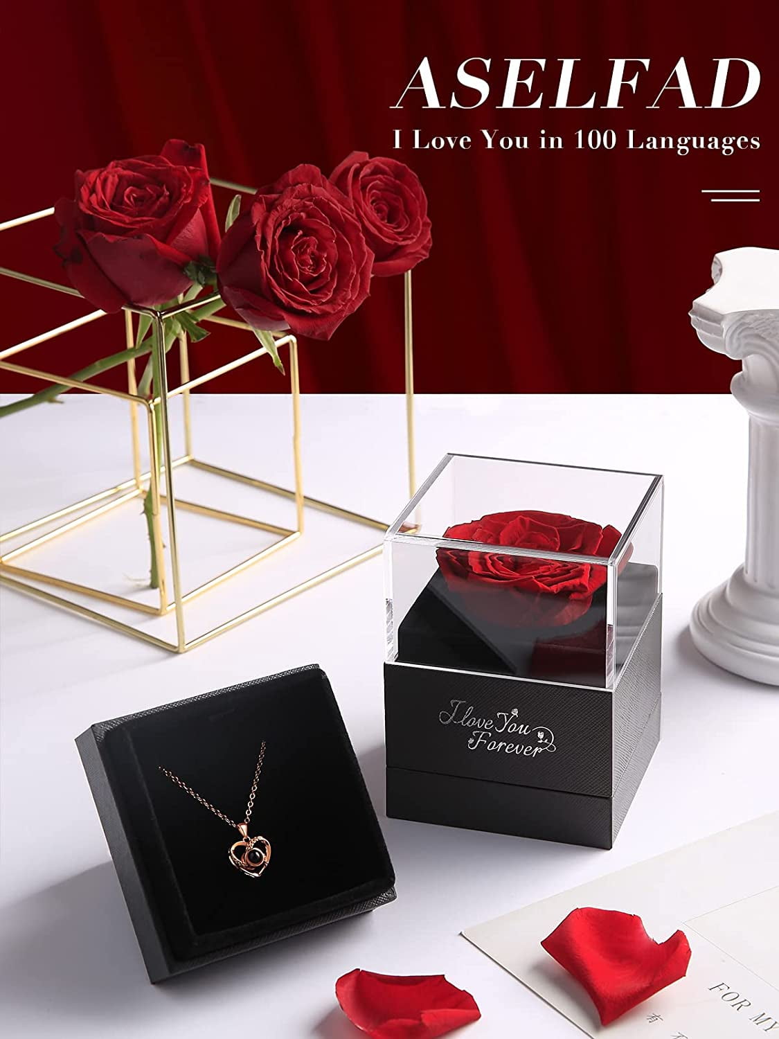 Eternal Love: Preserved Red Rose & "I Love You" Necklace in 100 Languages - The Ultimate Romantic Gift for Her! 🌹💖