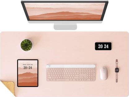 Aothia Dual-Sided Desk Pad - Leather Desk Mat, Natural Cork Desk Pad Protector, Large Mouse Pad for Desk, Waterproof Desk Blotter Pad, Desk Writing Pad for Office Work/Home, Apricot(25.6"X13.7")