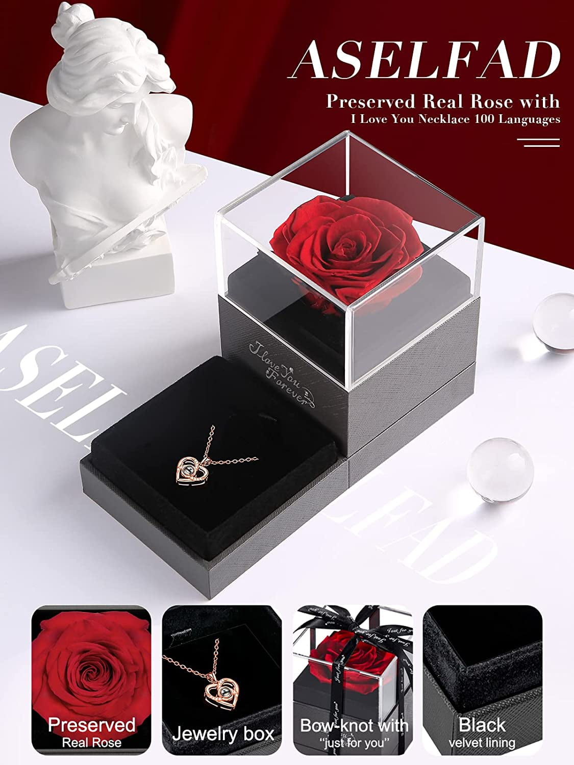Eternal Love: Preserved Red Rose & "I Love You" Necklace in 100 Languages - The Ultimate Romantic Gift for Her! 🌹💖