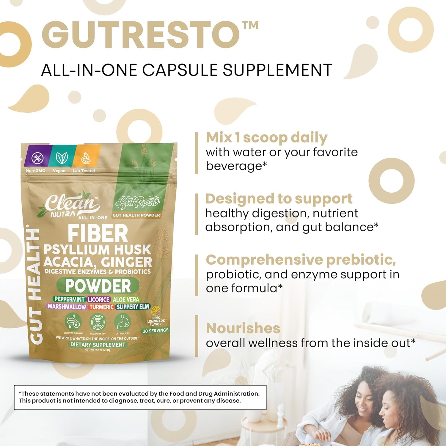 Clean Nutra Fiber Powder Supplement Psyllium Husk Acacia Ginger Digestive Enzymes Probiotic Peppermint Licorice Aloe Vera Marshmallow Root Turmeric Supplement Slippery Elm Gut Health Prebiotics
