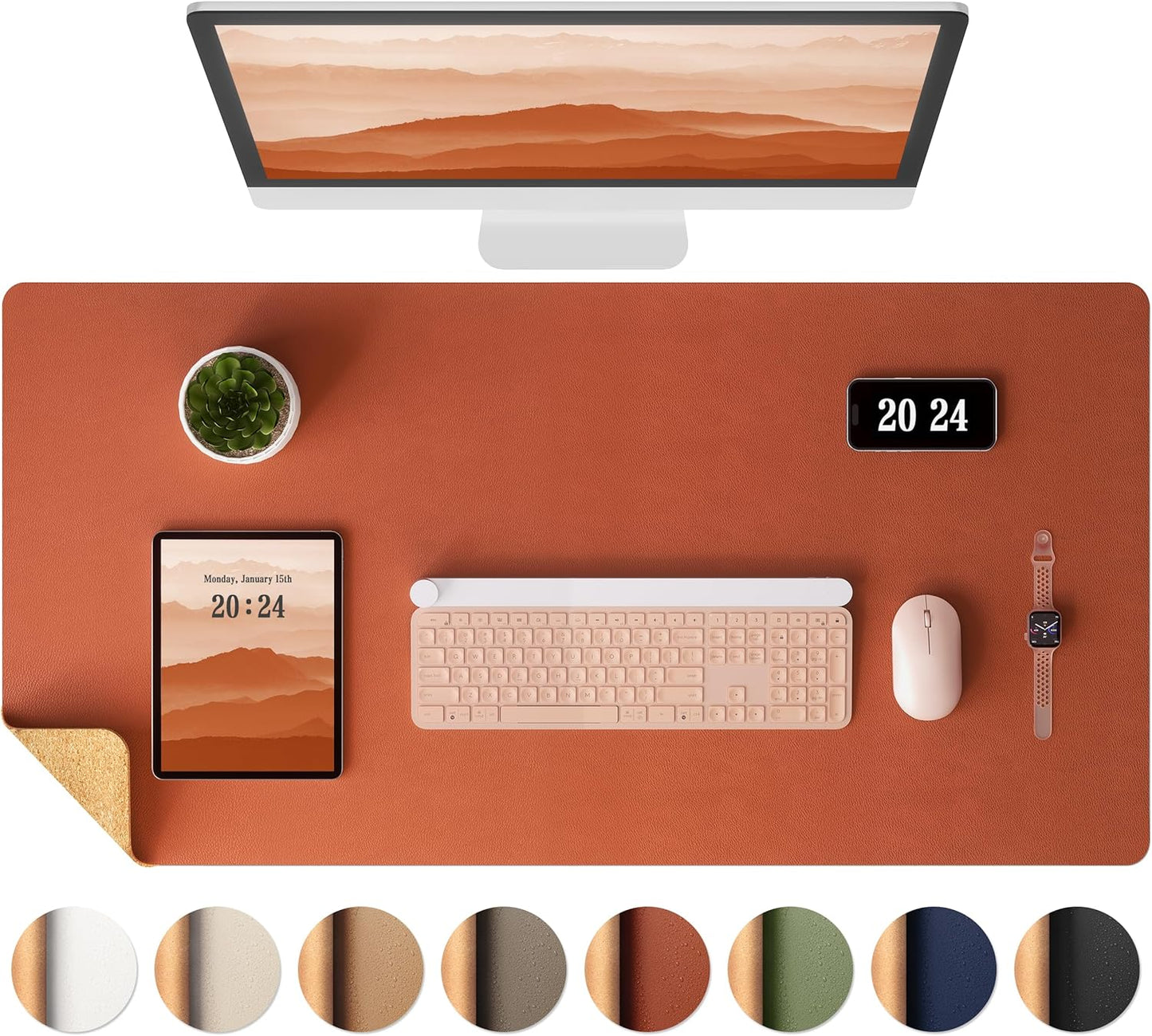 Aothia Dual-Sided Desk Pad - Leather Desk Mat, Natural Cork Desk Pad Protector, Large Mouse Pad for Desk, Waterproof Desk Blotter Pad, Desk Writing Pad for Office Work/Home, Apricot(25.6"X13.7")
