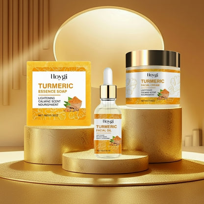 Glow Up with Our Turmeric Skincare Set! 🌟 Say goodbye to acne and dark spots while hydrating your skin with our moisturizing face cream and brightening serum! 💛✨