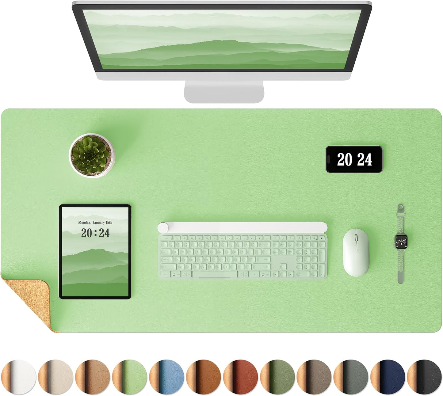 Aothia Dual-Sided Desk Pad - Leather Desk Mat, Natural Cork Desk Pad Protector, Large Mouse Pad for Desk, Waterproof Desk Blotter Pad, Desk Writing Pad for Office Work/Home, Apricot(25.6"X13.7")