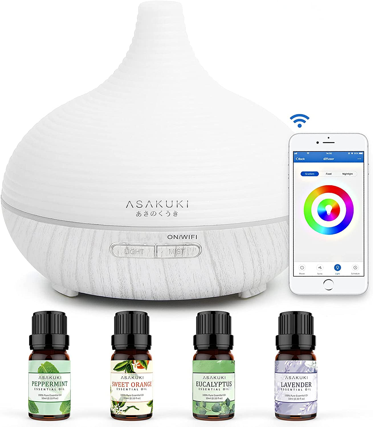 Smart Wifi Essential Oil Diffuser with 4 Essential Oils Set, 2021 Upgrated 300Ml Diffuser with 7 LED Lights