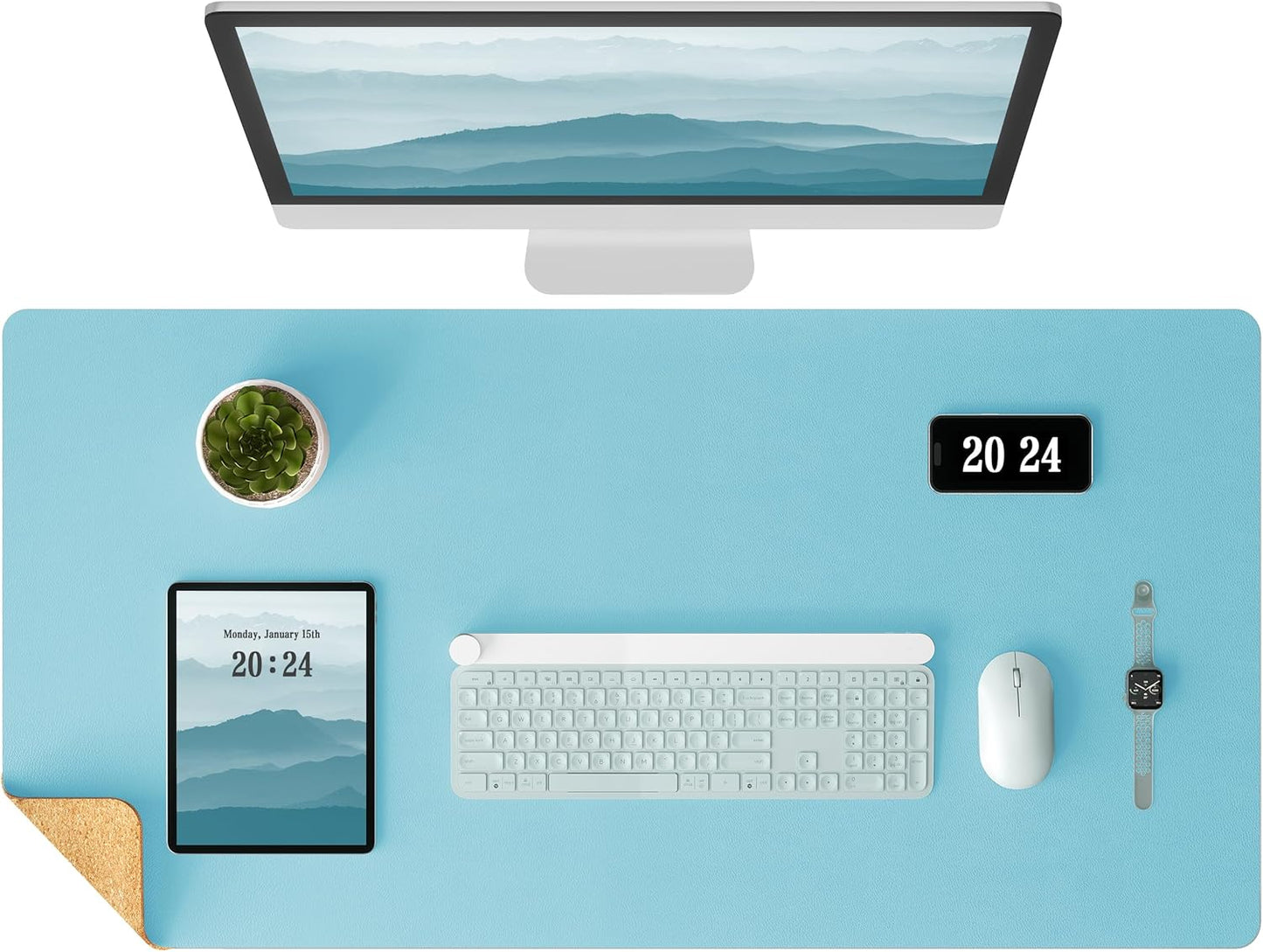 Aothia Dual-Sided Desk Pad - Leather Desk Mat, Natural Cork Desk Pad Protector, Large Mouse Pad for Desk, Waterproof Desk Blotter Pad, Desk Writing Pad for Office Work/Home, Apricot(25.6"X13.7")