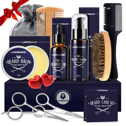 Beard Care Christmas Gifts Kit for Men, Beard Mustache Grooming Kit-Beard Balm, Beard Wash, Beard Oil, Brush, Scissors, Birthday Anniversary Thanksgiving Gifts for Husband/Boyfriend/Dad/Him