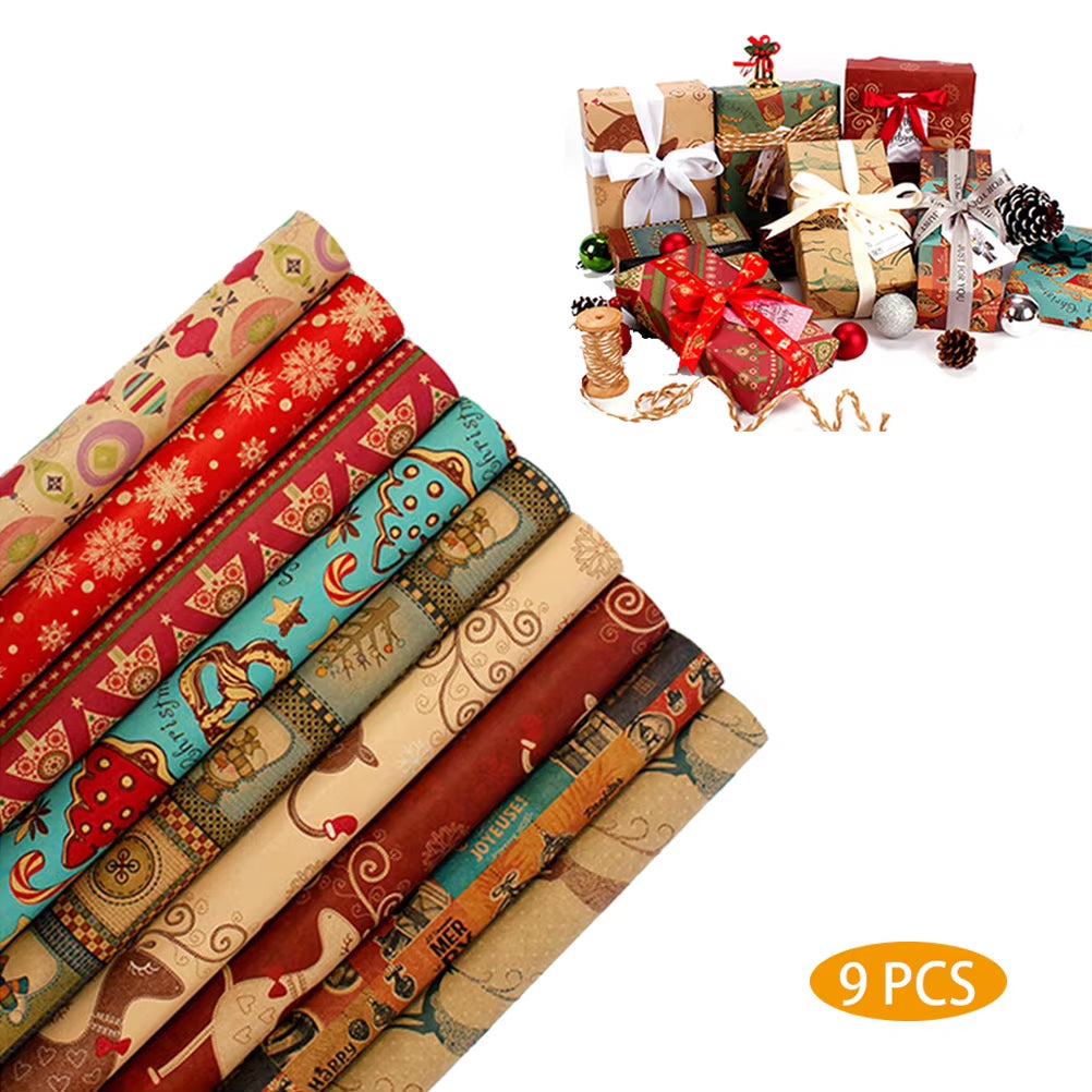 Get Festive with 9 Sheets of Christmas Kraft Gift Wrapping Paper for Your Holiday Celebrations! 🎄🎁✨
